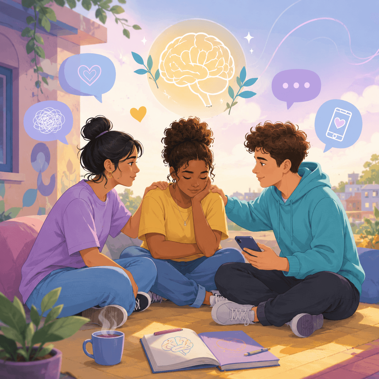 Ilustração do tema de redação: Desafios para o cuidado da saúde mental de jovens no Brasil