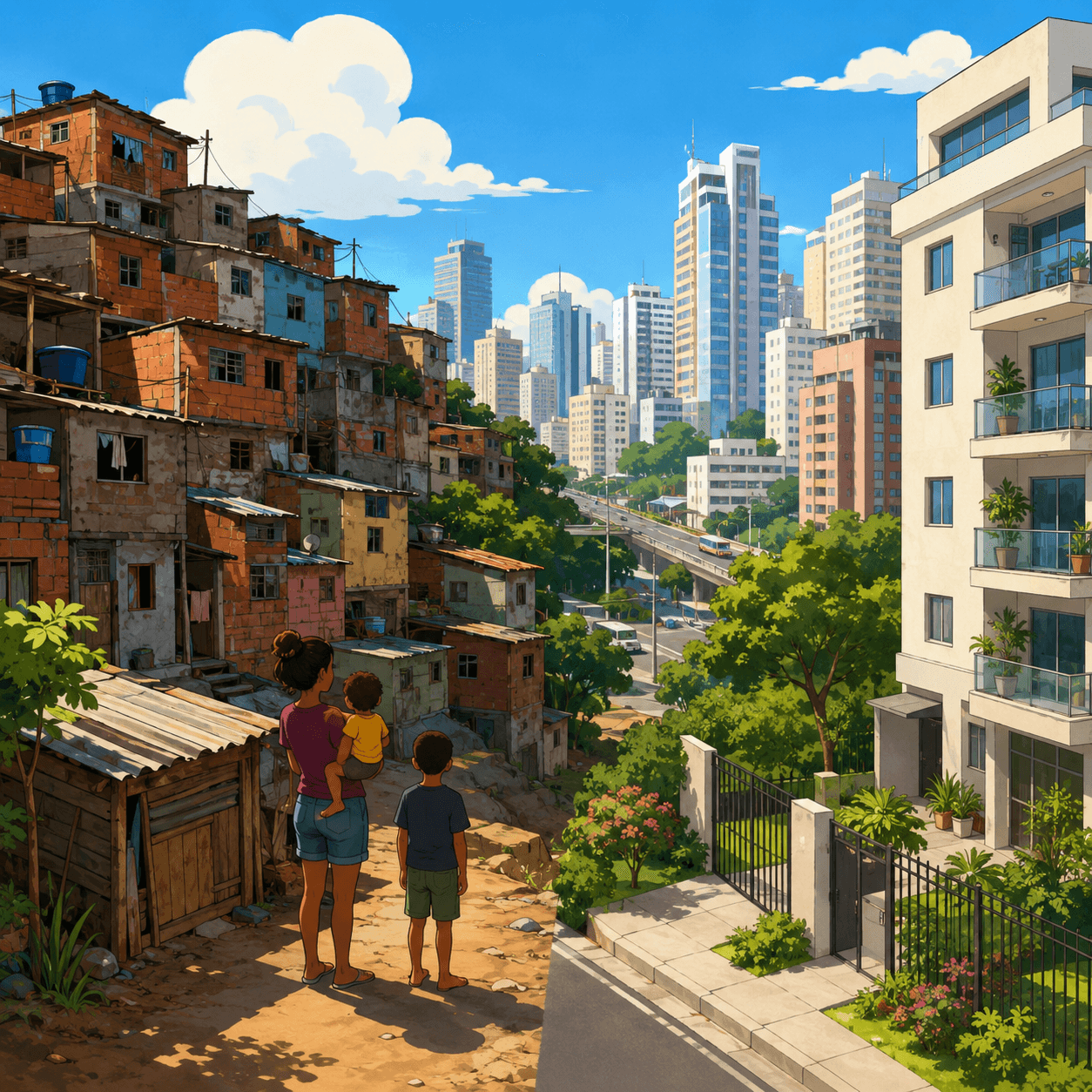 Ilustração do tema de redação: Desafios para garantir o acesso à moradia digna nas grandes cidades brasileiras