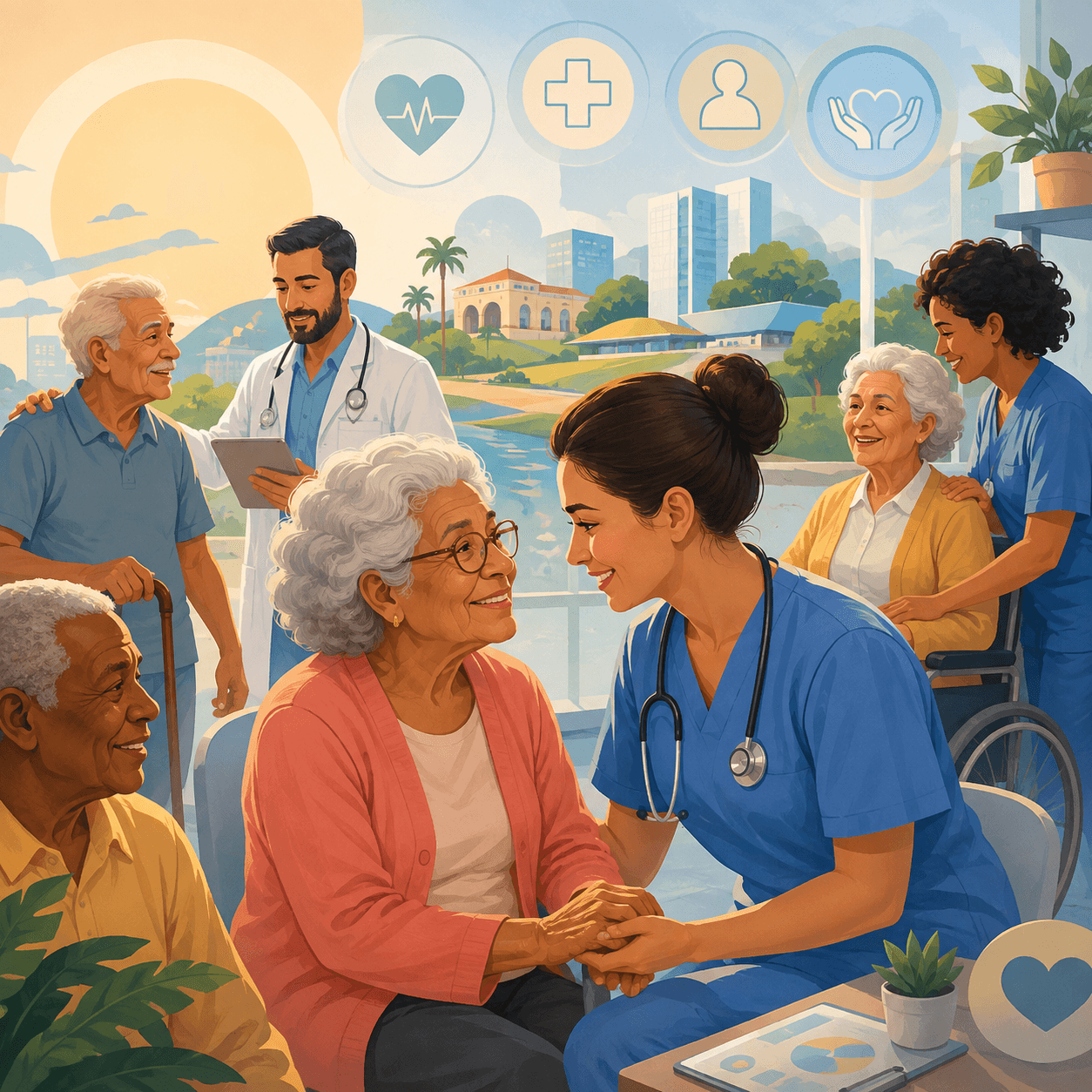 Ilustração do tema de redação: Envelhecimento populacional e os desafios para o sistema de saúde brasileiro