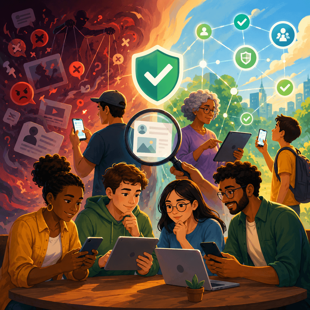 Ilustração do tema de redação: Caminhos para o combate à desinformação nas redes sociais
